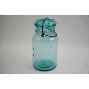 Ball‎ Ideal Mason Jar Aqua Blue Glass Pint Wire Bail Lid PAT 1908 Excellent